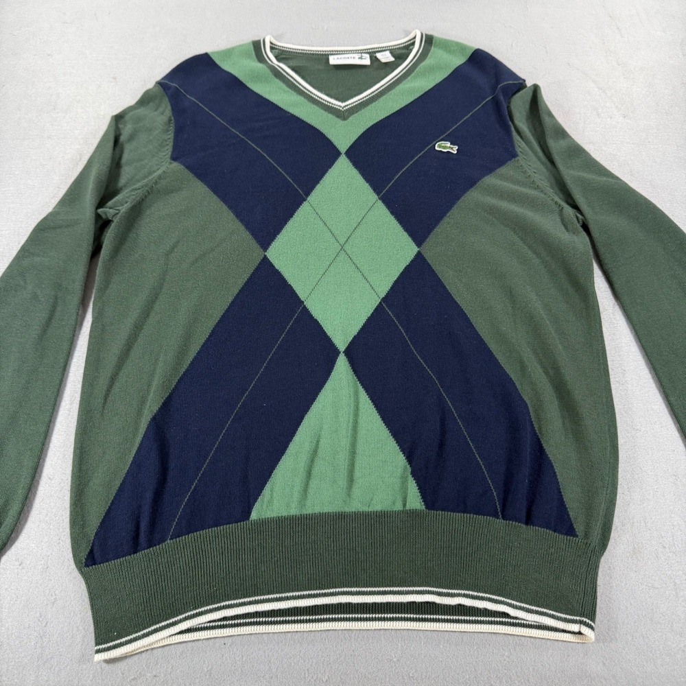 Lacoste Argyle V-Neck Sweater L – Green Navy Crocodile Logo‎ Preppy Golf Knit